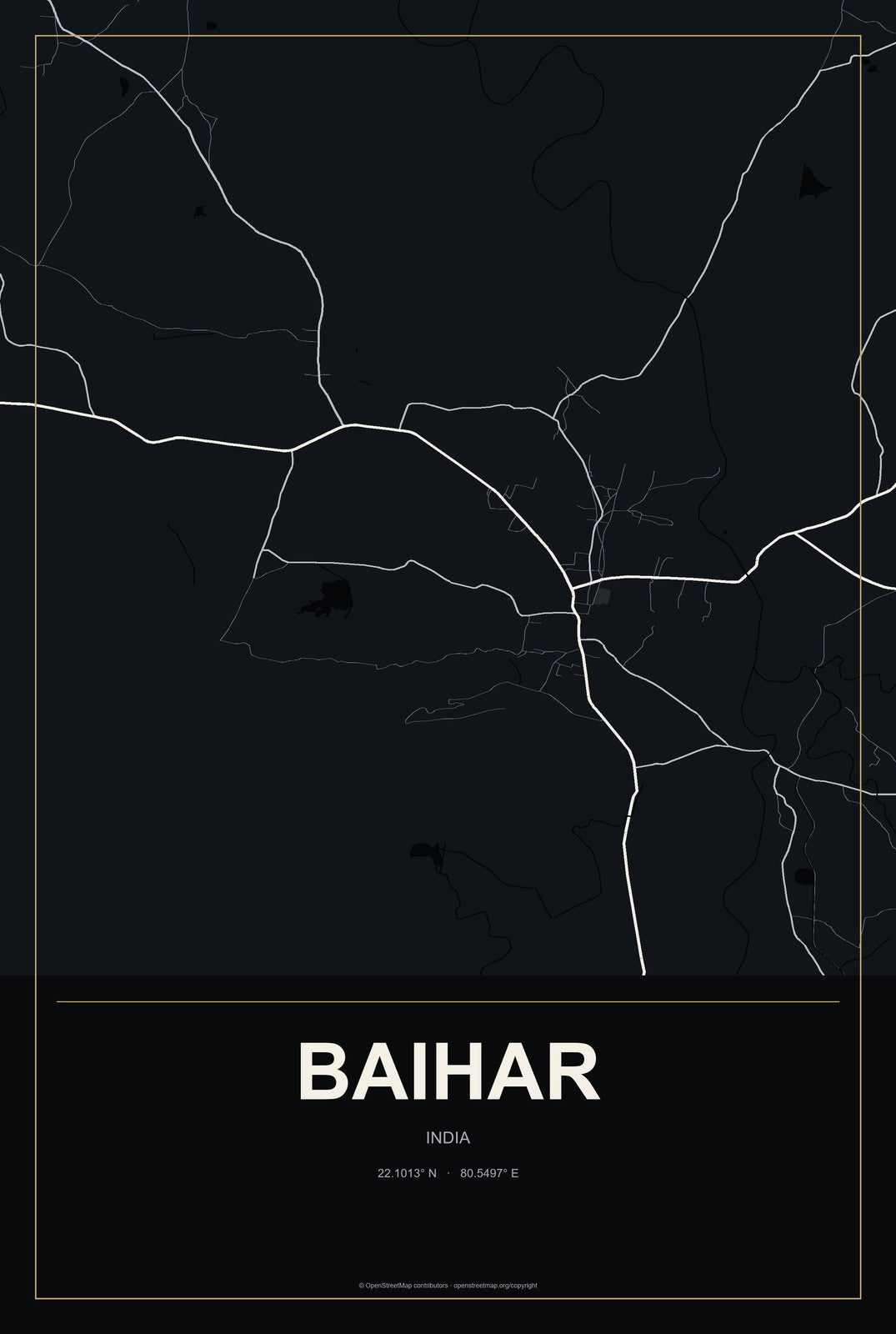 Baihar, India City Map Aluminum Sign in Metropolitan Noir style