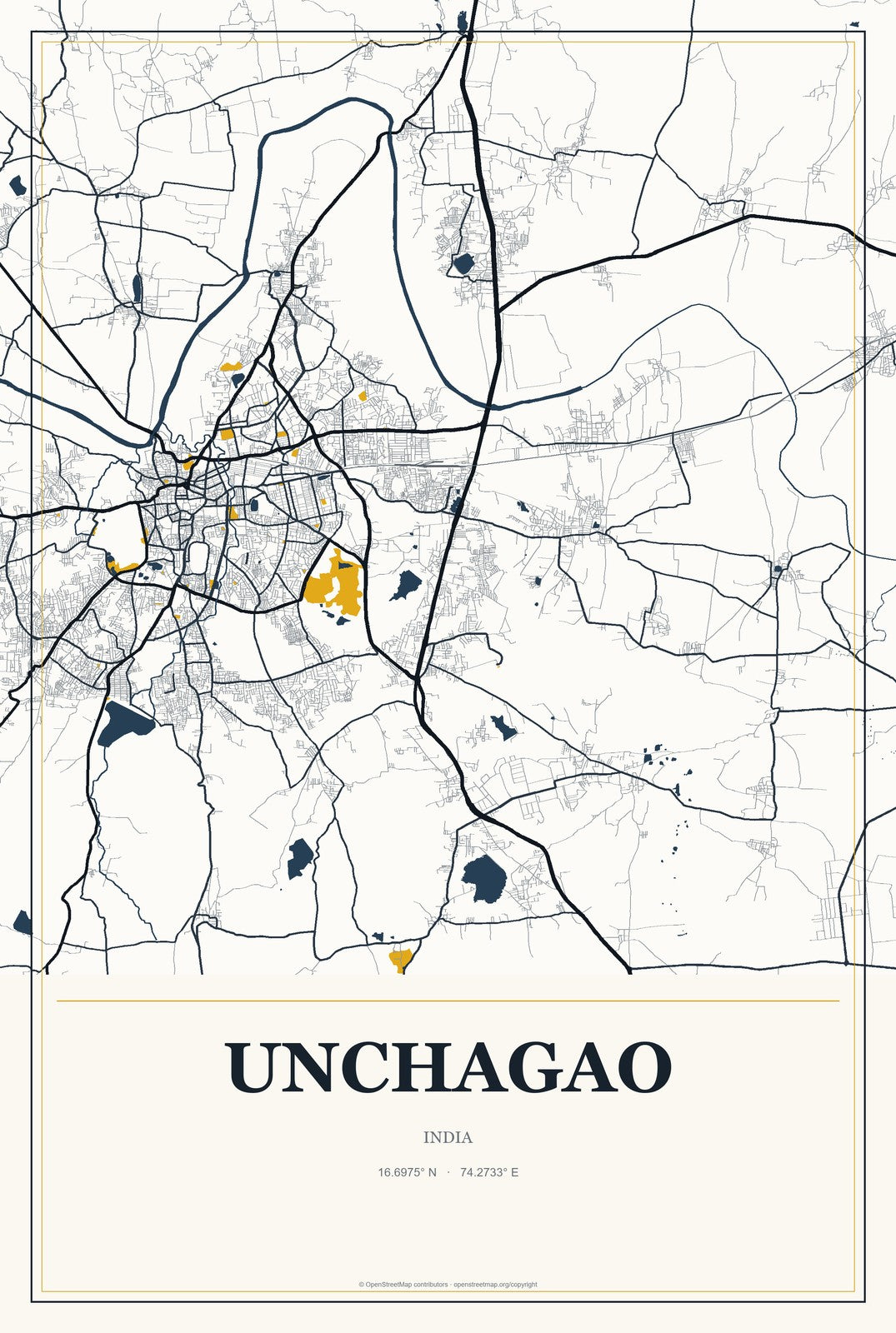 Unchagao, India City Map Aluminum Sign in Citrine Modern style