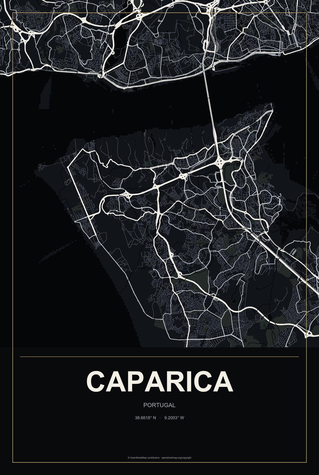 Caparica, Portugal City Map Aluminum Sign in Metropolitan Noir style