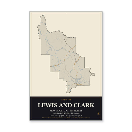Lewis and Clark County, Montana Map Aluminum Sign in Museum Plaque style