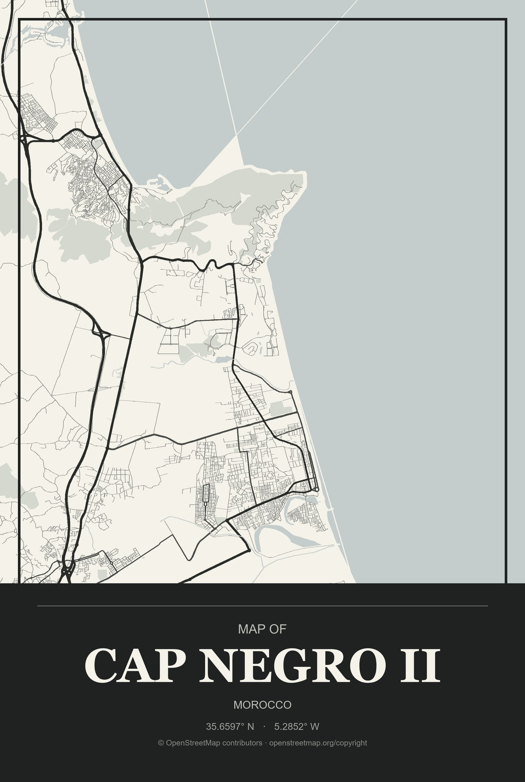 Cap Negro II, Morocco City Map Aluminum Sign in Museum Plaque style