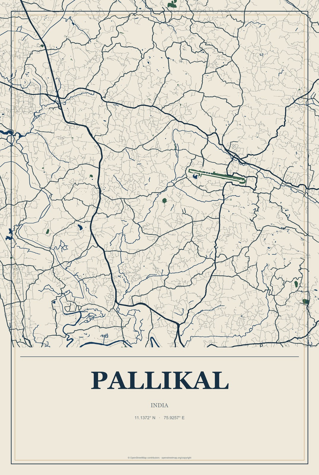 Pallikal, India City Map Aluminum Sign in Coastal Cutout style