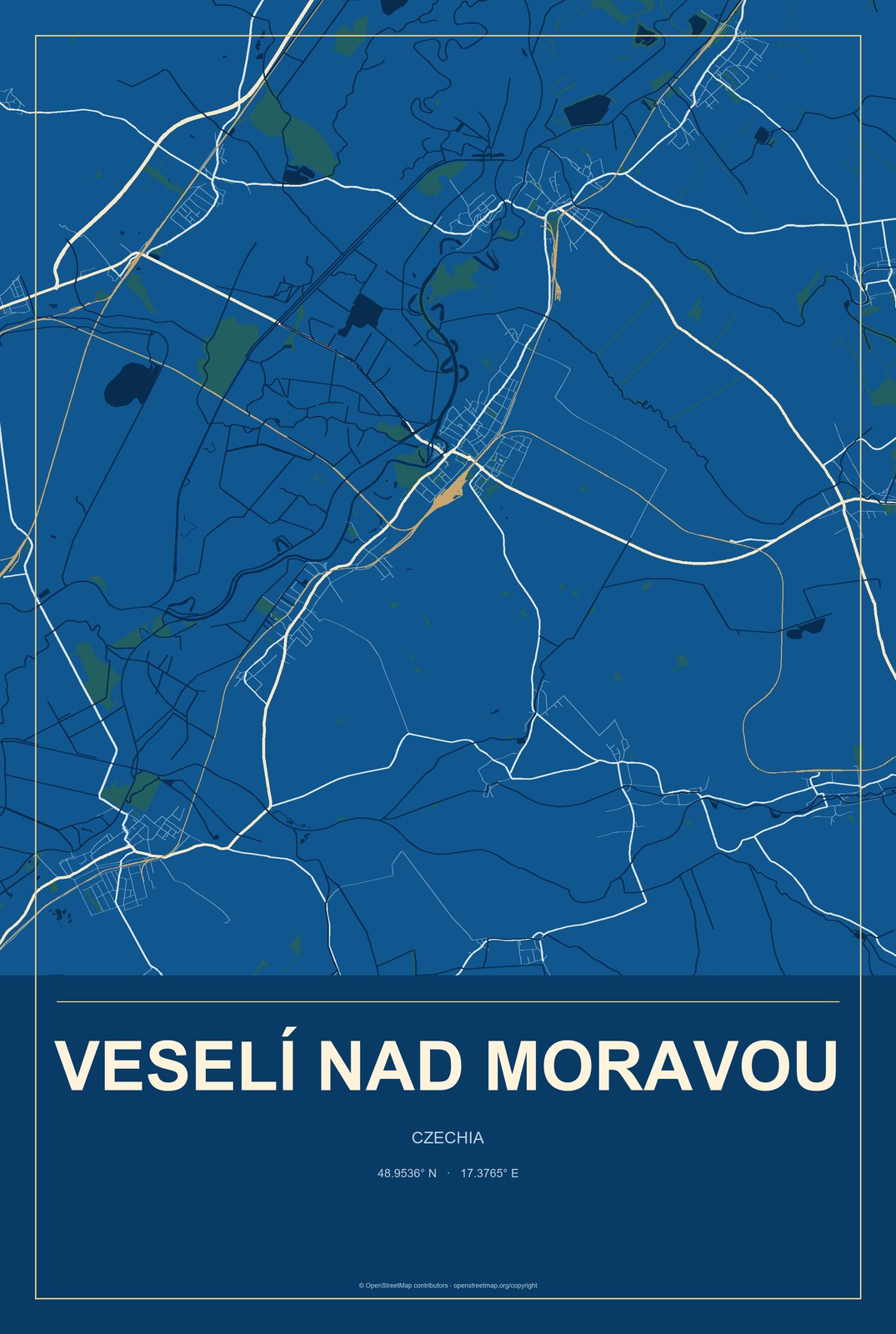 Veselí nad Moravou, Czechia City Map Aluminum Sign in Harbor Cobalt style