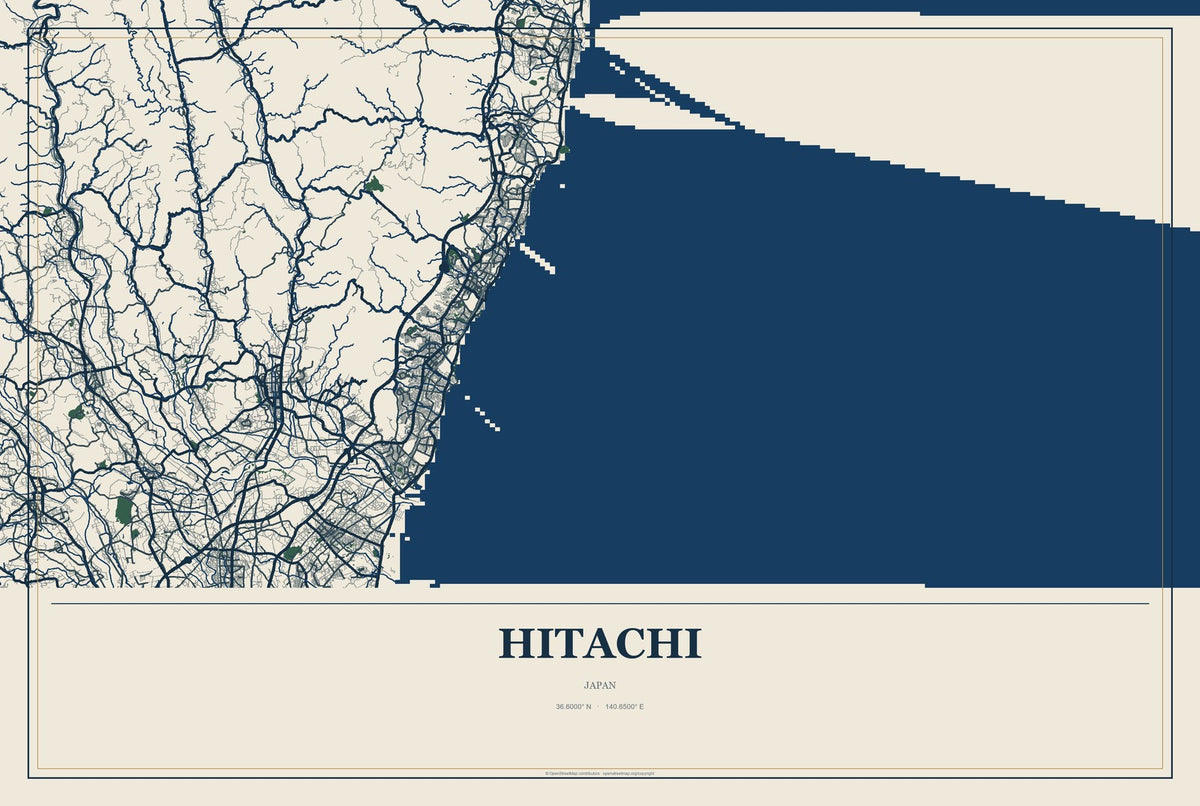 Hitachi, Japan City Map Aluminum Sign in Coastal Cutout style