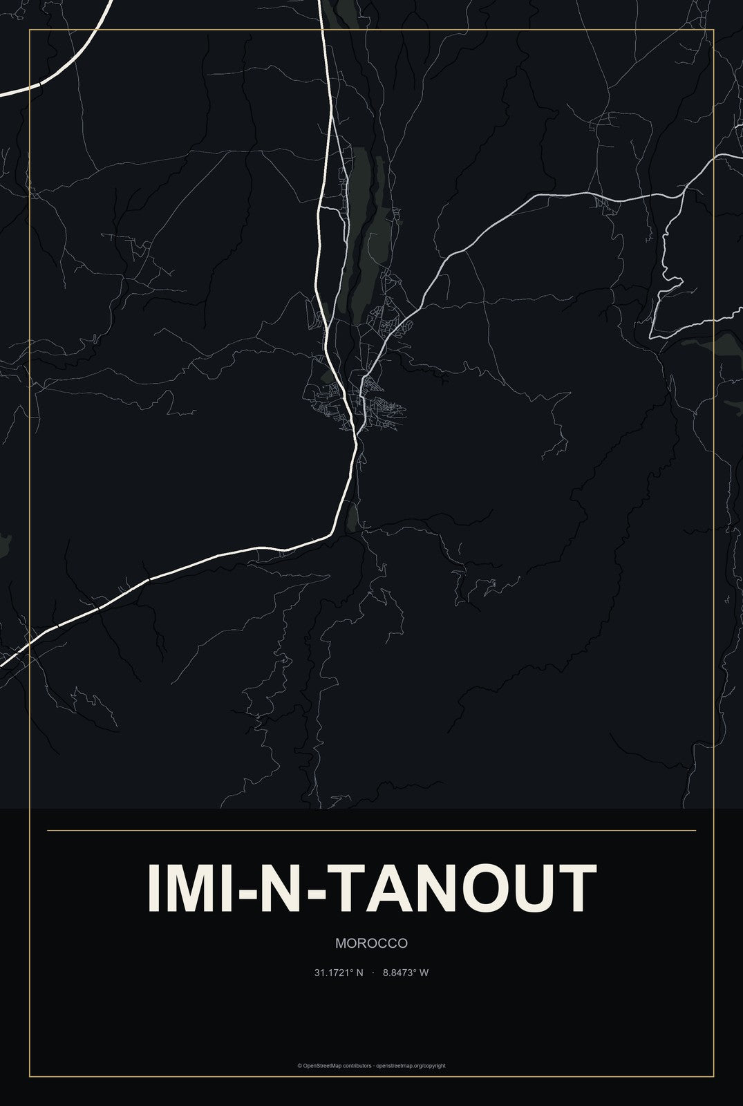 Imi-n-Tanout, Morocco City Map Aluminum Sign in Metropolitan Noir style