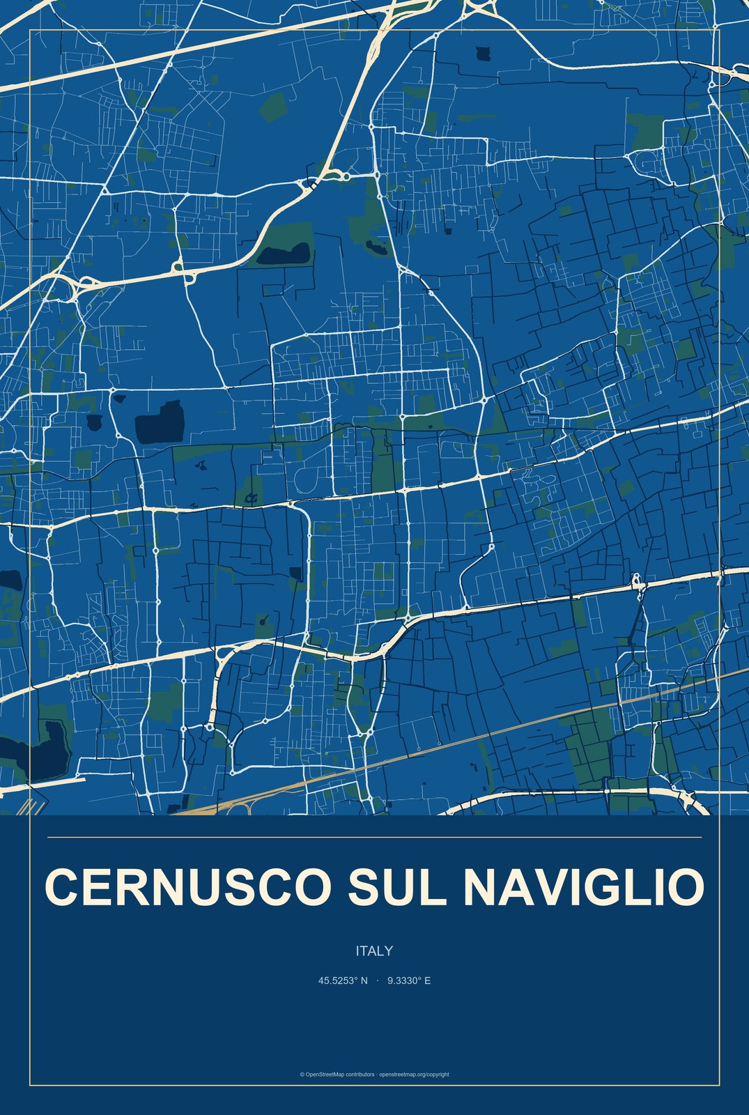 Cernusco sul Naviglio, Italy City Map Aluminum Sign in Harbor Cobalt style