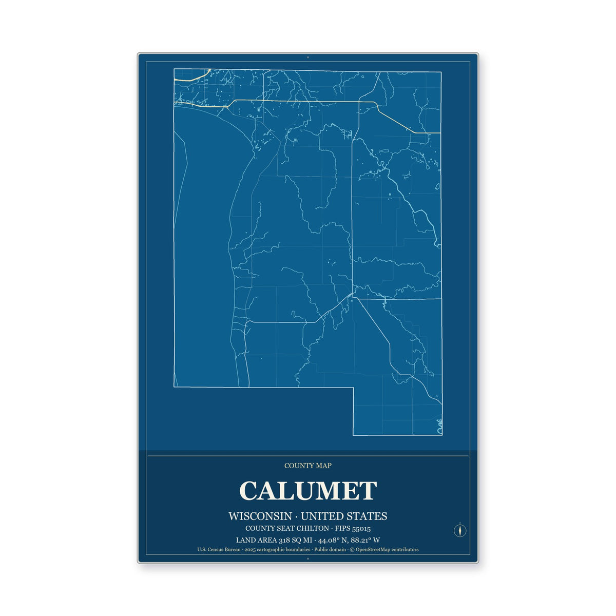Calumet County, Wisconsin Map Aluminum Sign in Harbor Cobalt style