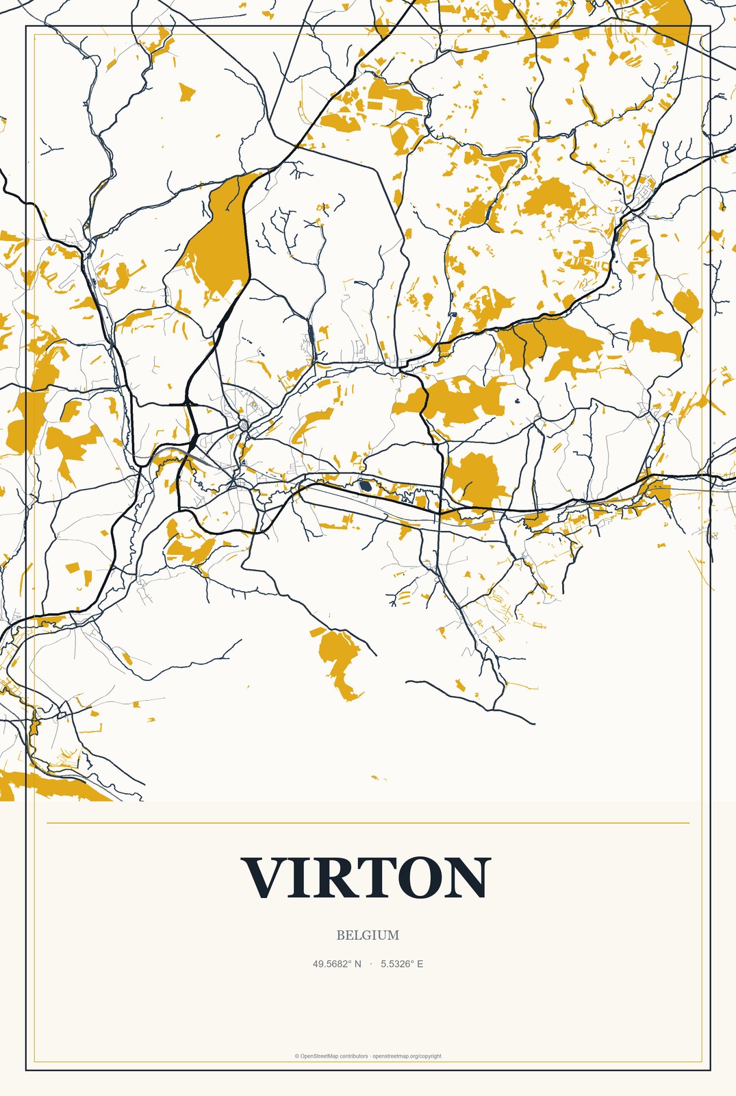 Virton, Belgium City Map Aluminum Sign in Citrine Modern style