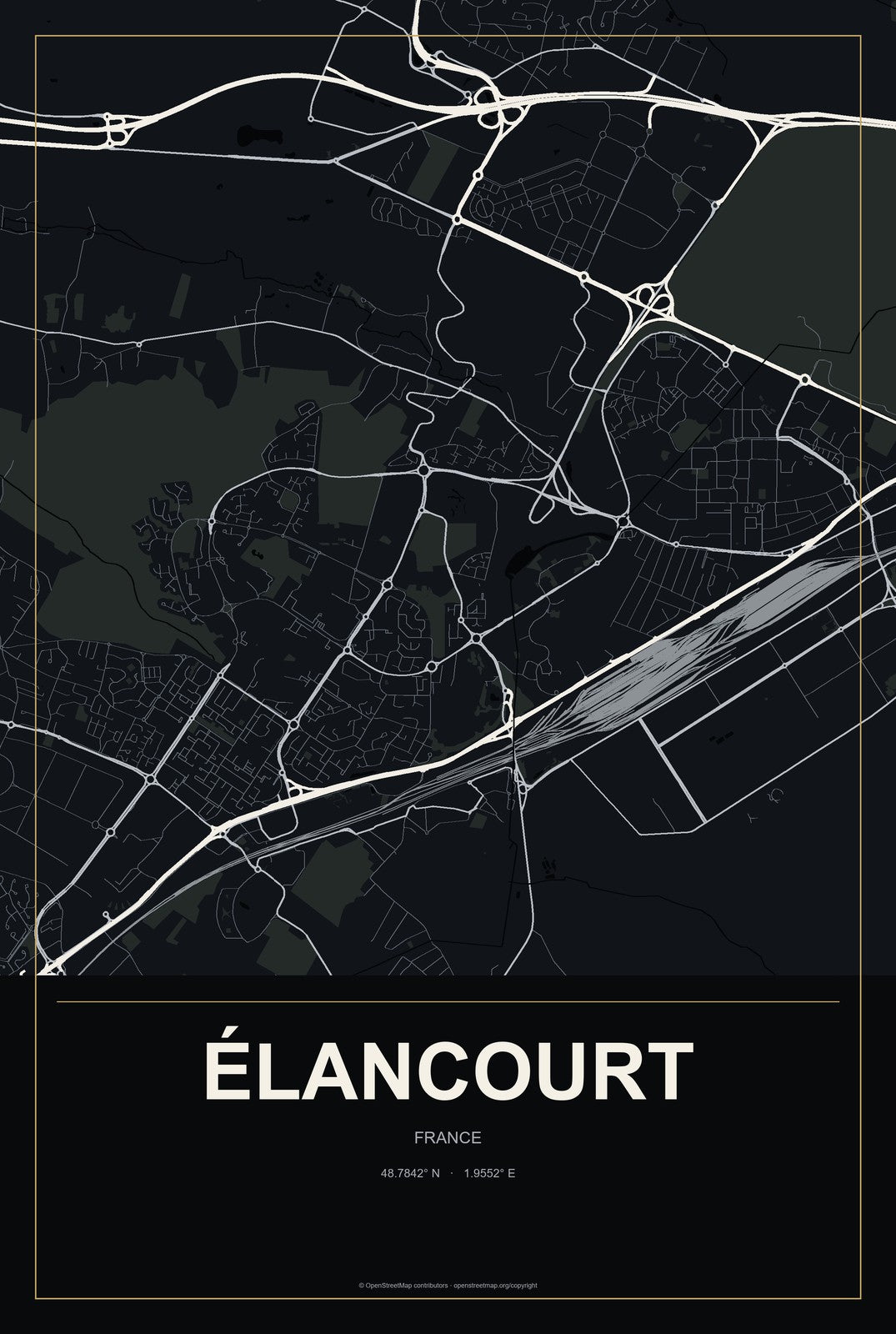 Élancourt, France City Map Aluminum Sign in Metropolitan Noir style