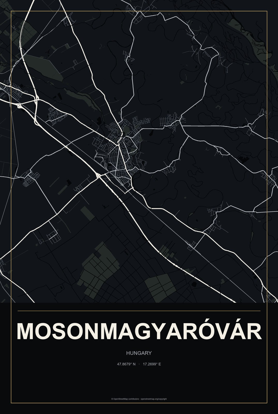 Mosonmagyaróvár, Hungary City Map Aluminum Sign in Metropolitan Noir style