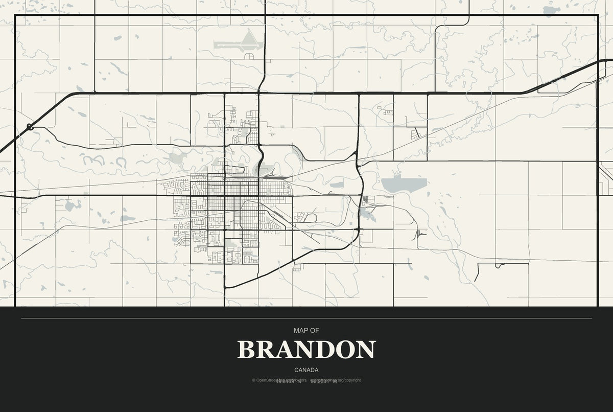 Brandon, Canada City Map Aluminum Sign in Museum Plaque style