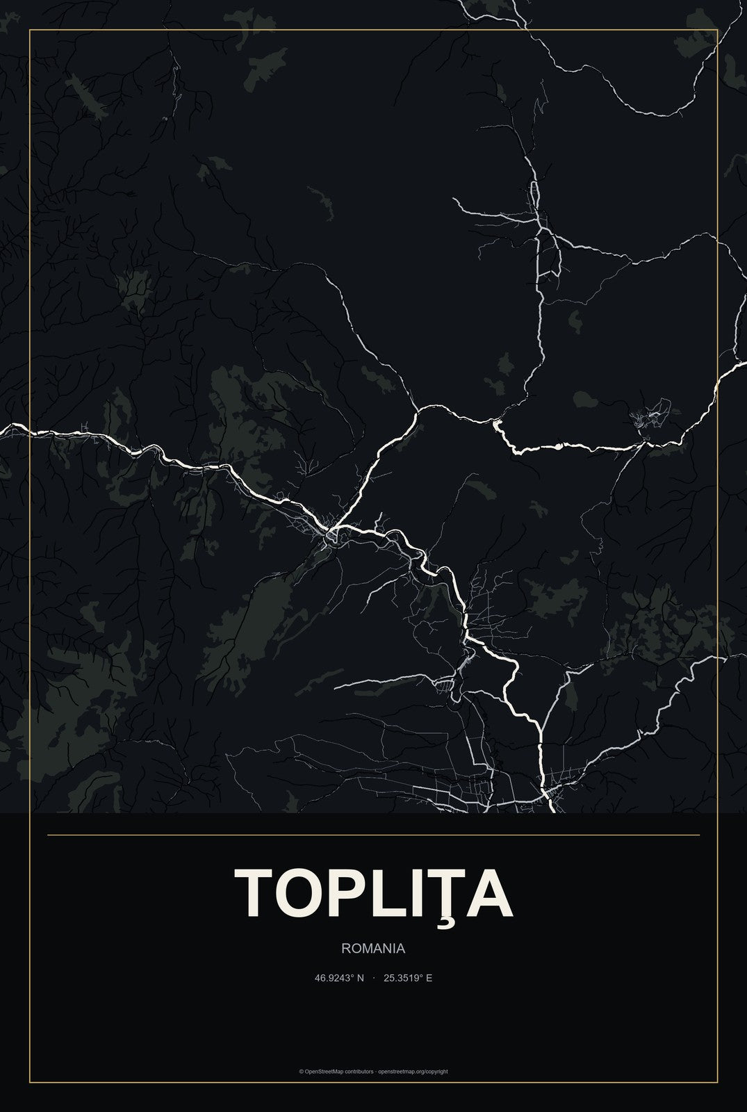 Topliţa, Romania City Map Aluminum Sign in Metropolitan Noir style