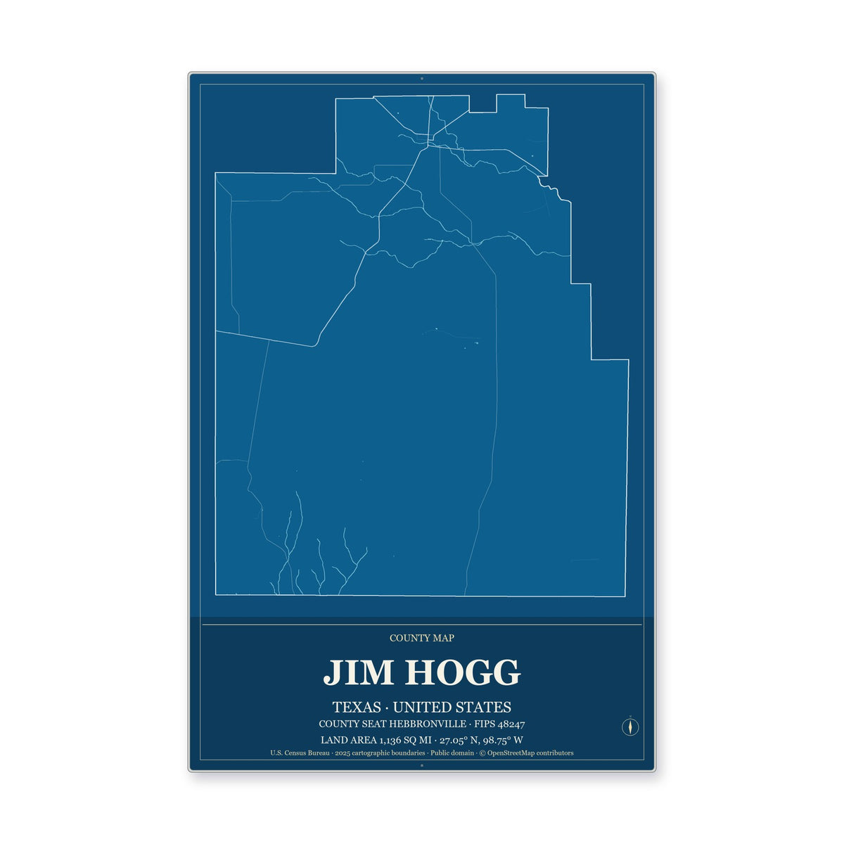 Jim Hogg County, Texas Map Aluminum Sign in Harbor Cobalt style