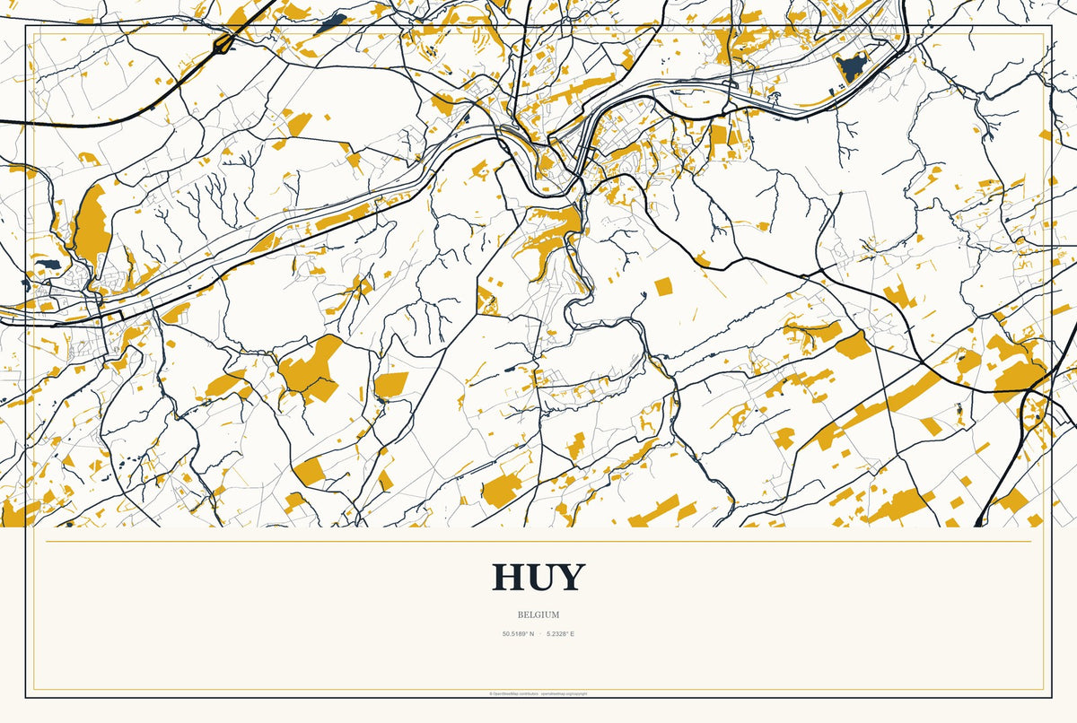 Huy, Belgium City Map Aluminum Sign in Citrine Modern style