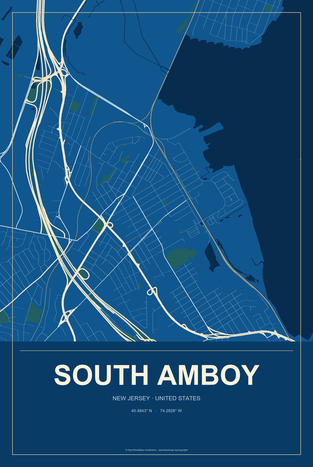 South Amboy, New Jersey City Map Aluminum Sign in Harbor Cobalt style