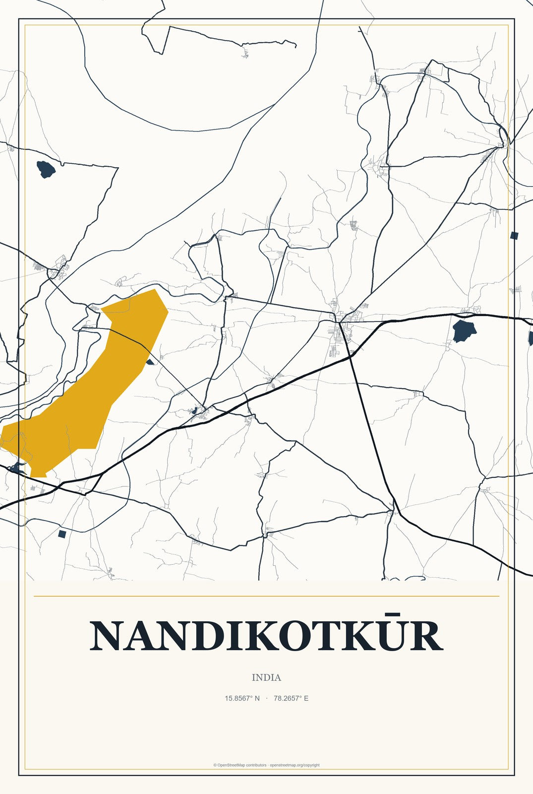 Nandikotkūr, India City Map Aluminum Sign in Citrine Modern style