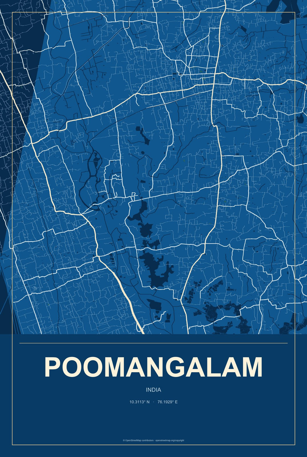 Poomangalam, India City Map Aluminum Sign in Harbor Cobalt style