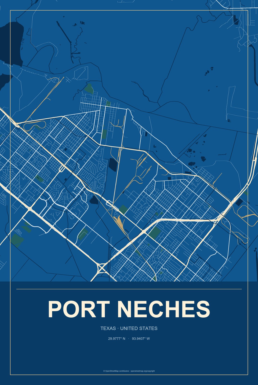 Port Neches, Texas City Map Aluminum Sign in Harbor Cobalt style