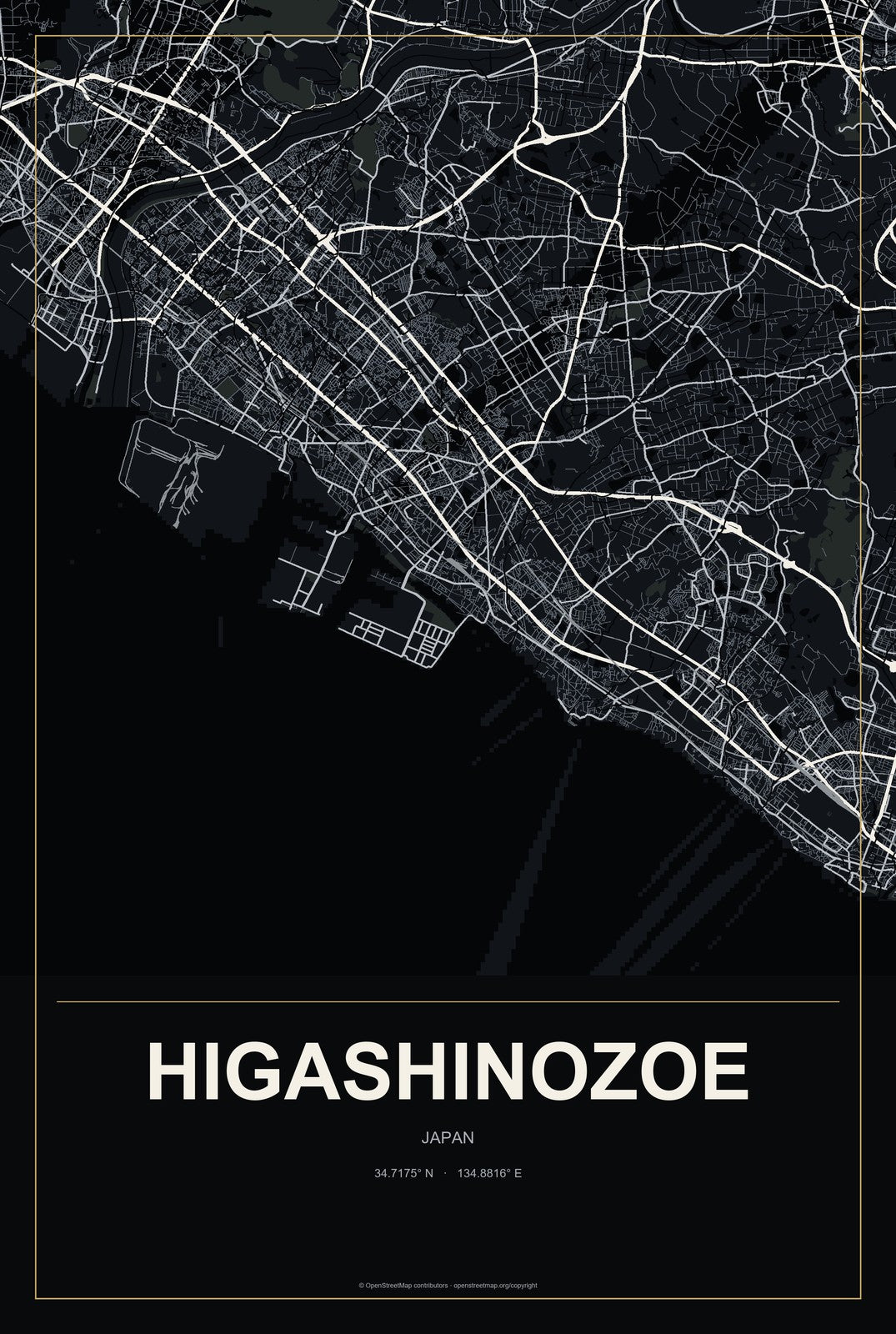 Higashinozoe, Japan City Map Aluminum Sign in Metropolitan Noir style