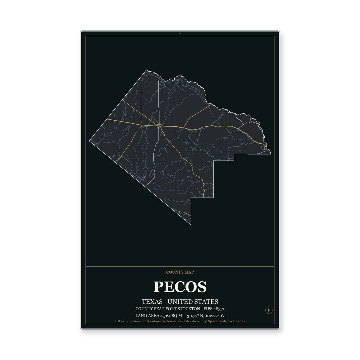 Pecos County, Texas Map Aluminum Sign in Metropolitan Noir style