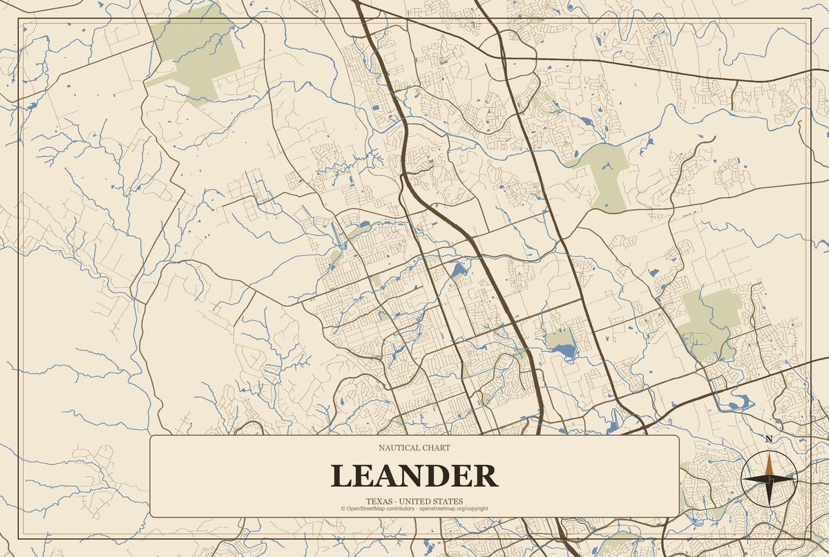 Leander, Texas City Map Aluminum Sign in Heritage Nautical style
