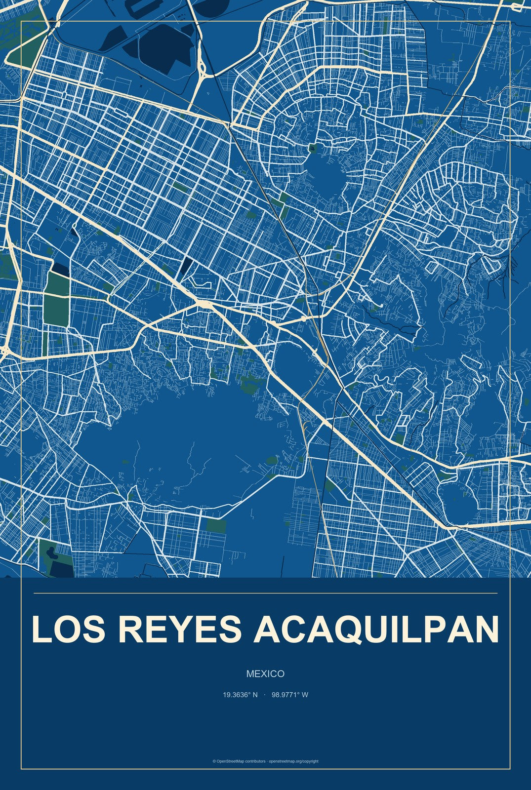 Los Reyes Acaquilpan, Mexico City Map Aluminum Sign in Harbor Cobalt style