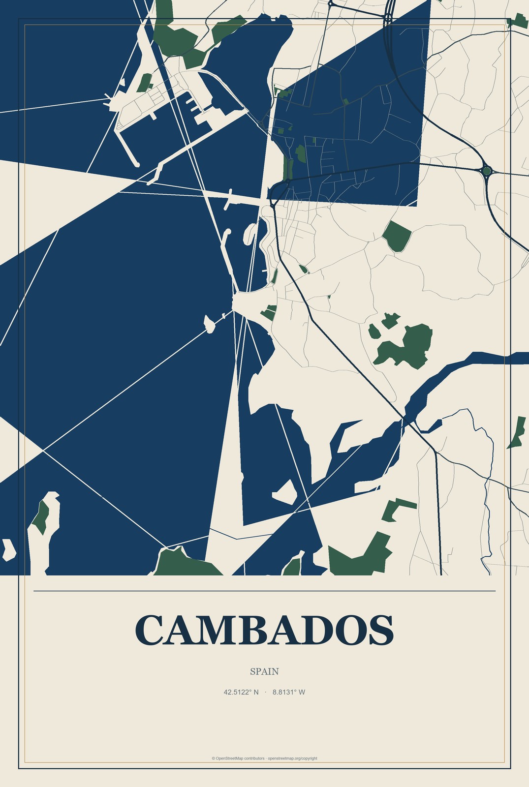 Cambados, Spain City Map Aluminum Sign in Coastal Cutout style