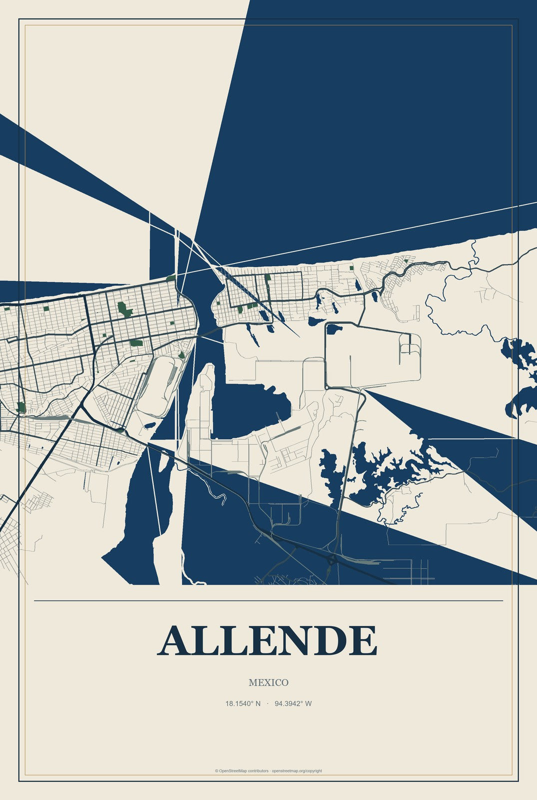 Allende, Veracruz, Mexico City Map Aluminum Sign in Coastal Cutout style