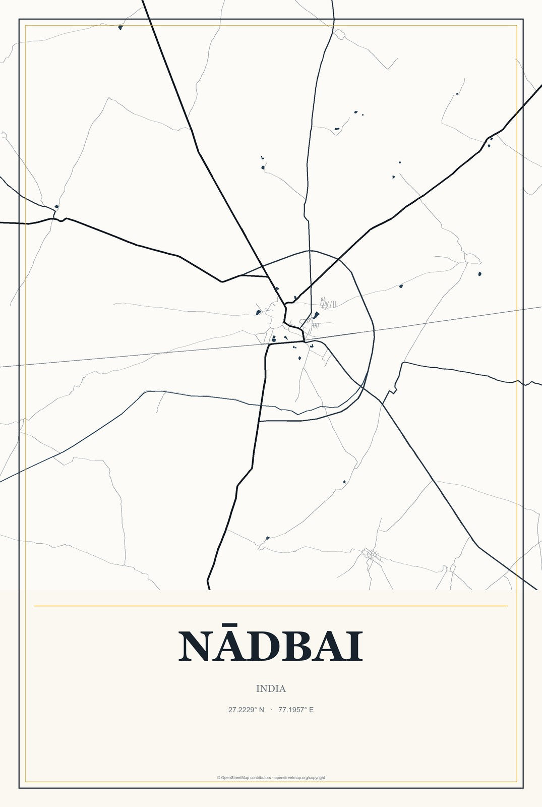 Nādbai, India City Map Aluminum Sign in Citrine Modern style