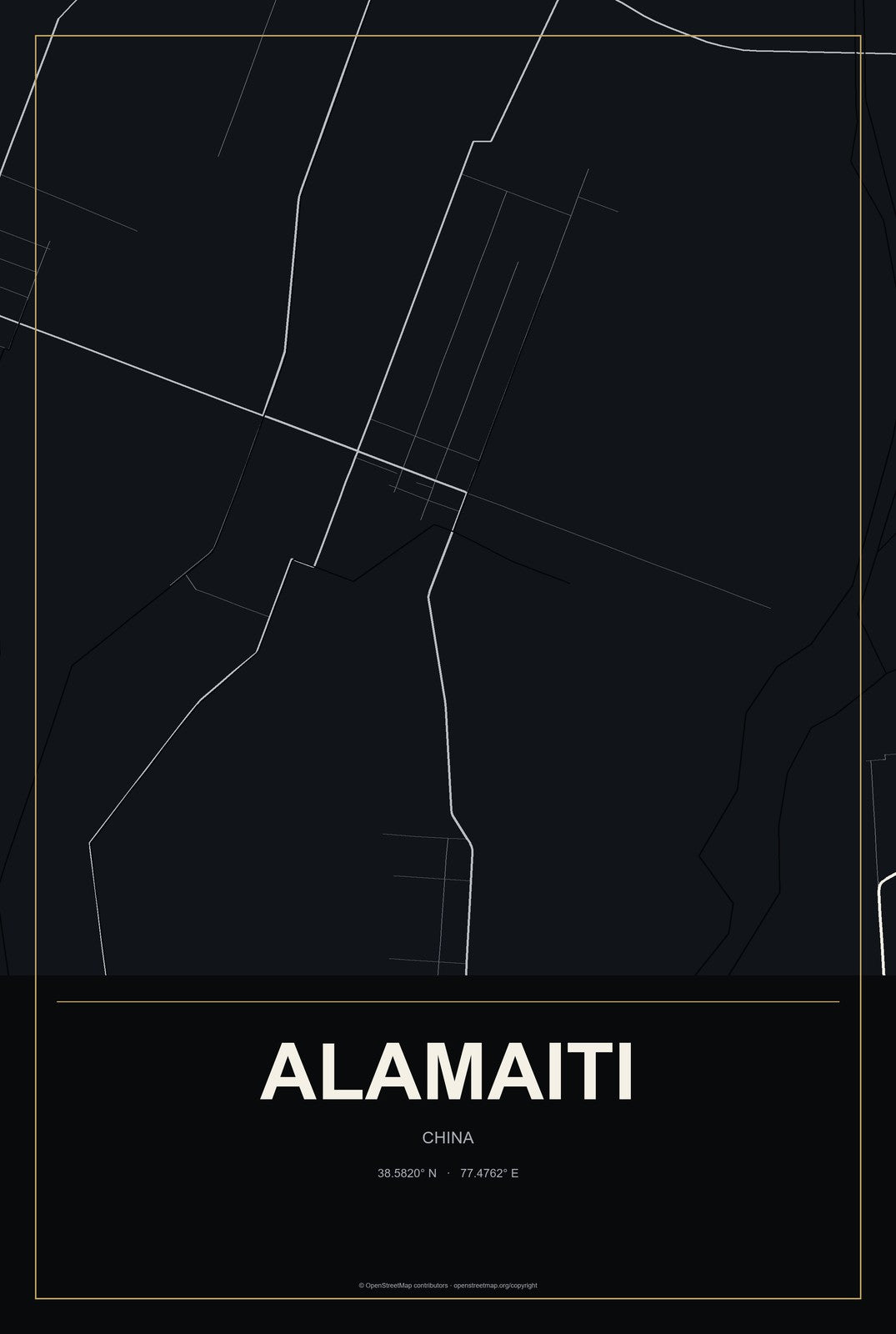 Alamaiti, China City Map Aluminum Sign in Metropolitan Noir style