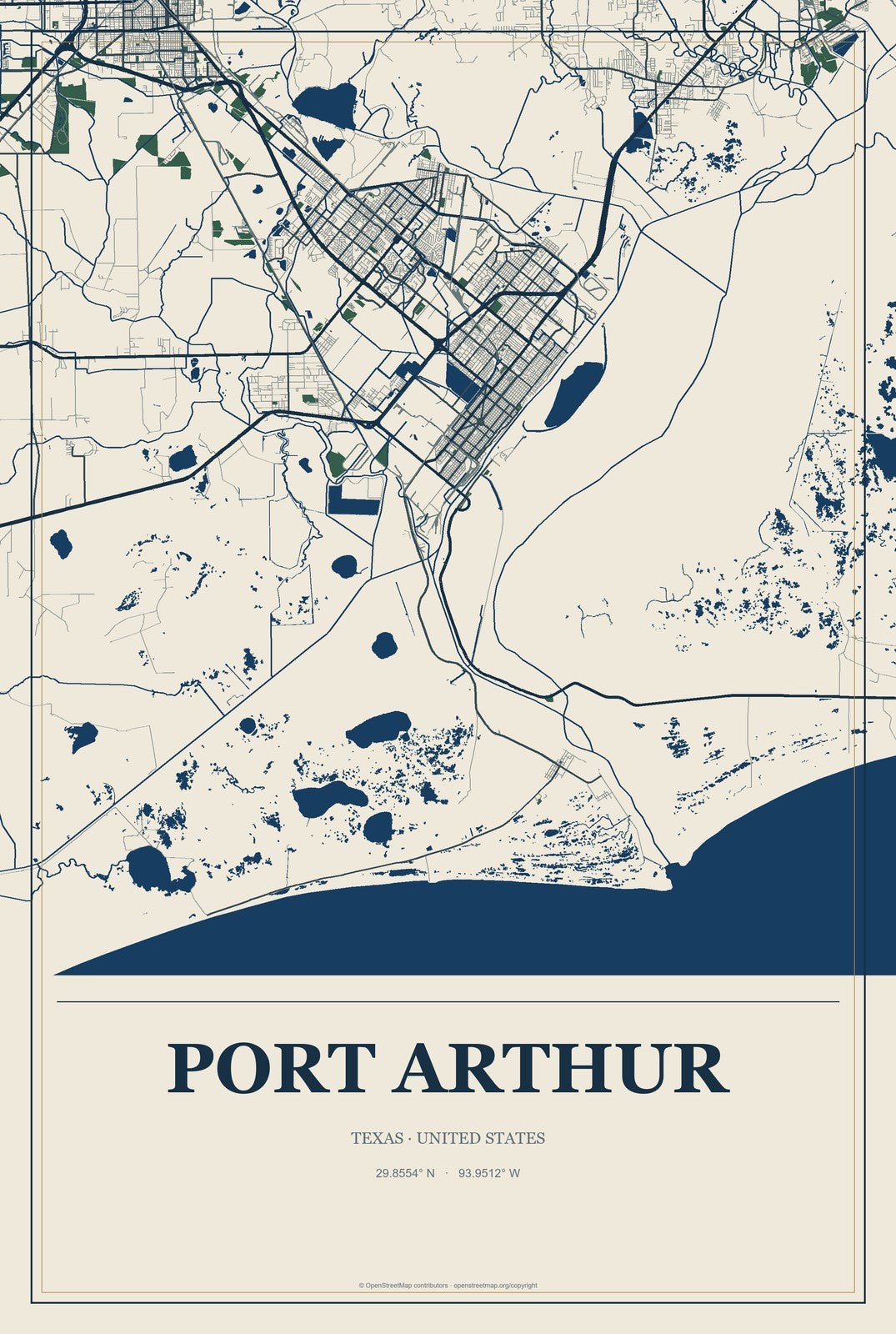 Port Arthur, Texas City Map Aluminum Sign in Coastal Cutout style