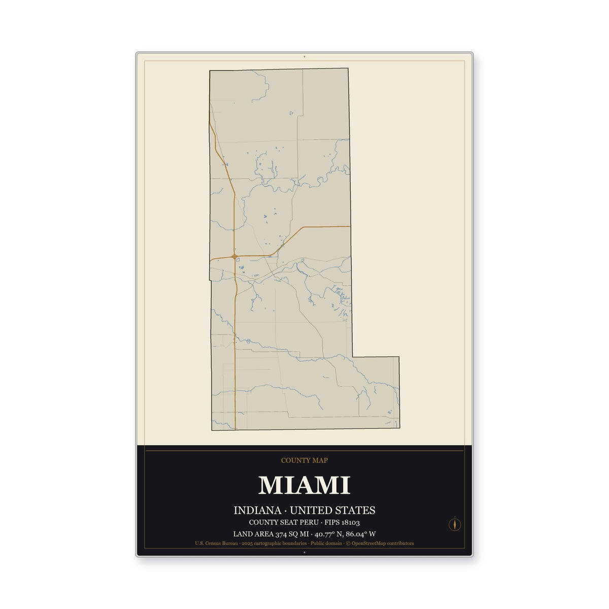 Miami County, Indiana Map Aluminum Sign in Museum Plaque style