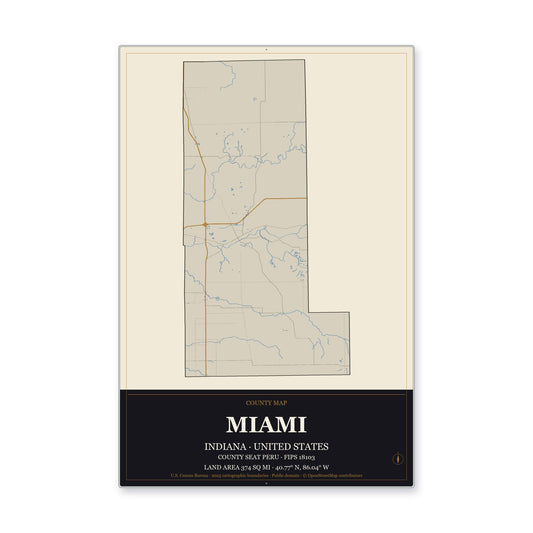 Miami County, Indiana Map Aluminum Sign in Museum Plaque style
