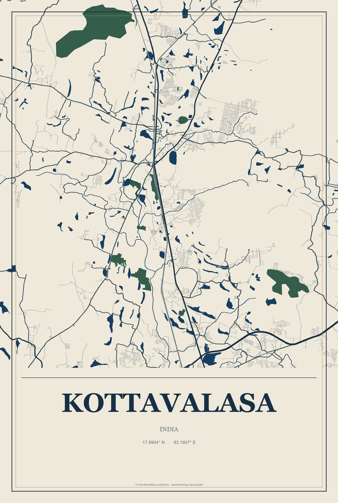 Kottavalasa, India City Map Aluminum Sign in Coastal Cutout style