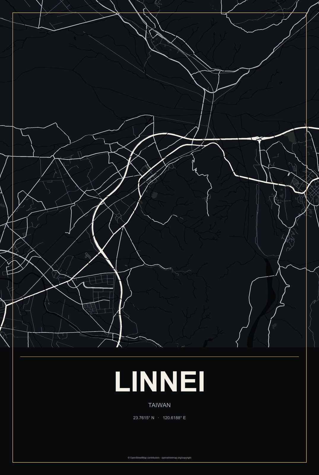 Linnei, Taiwan City Map Aluminum Sign in Metropolitan Noir style