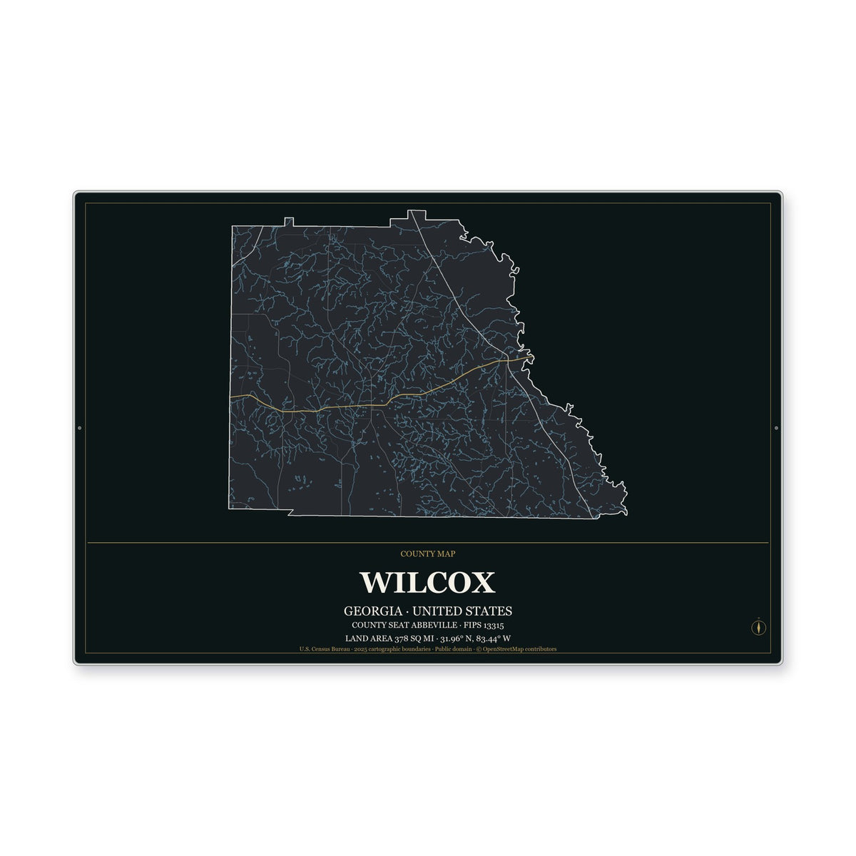 Wilcox County, Georgia Map Aluminum Sign in Metropolitan Noir style