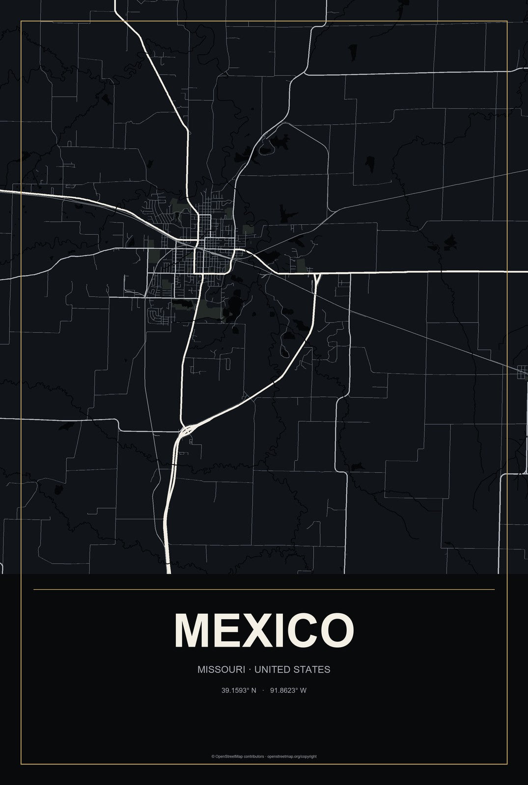 Mexico, Missouri City Map Aluminum Sign in Metropolitan Noir style