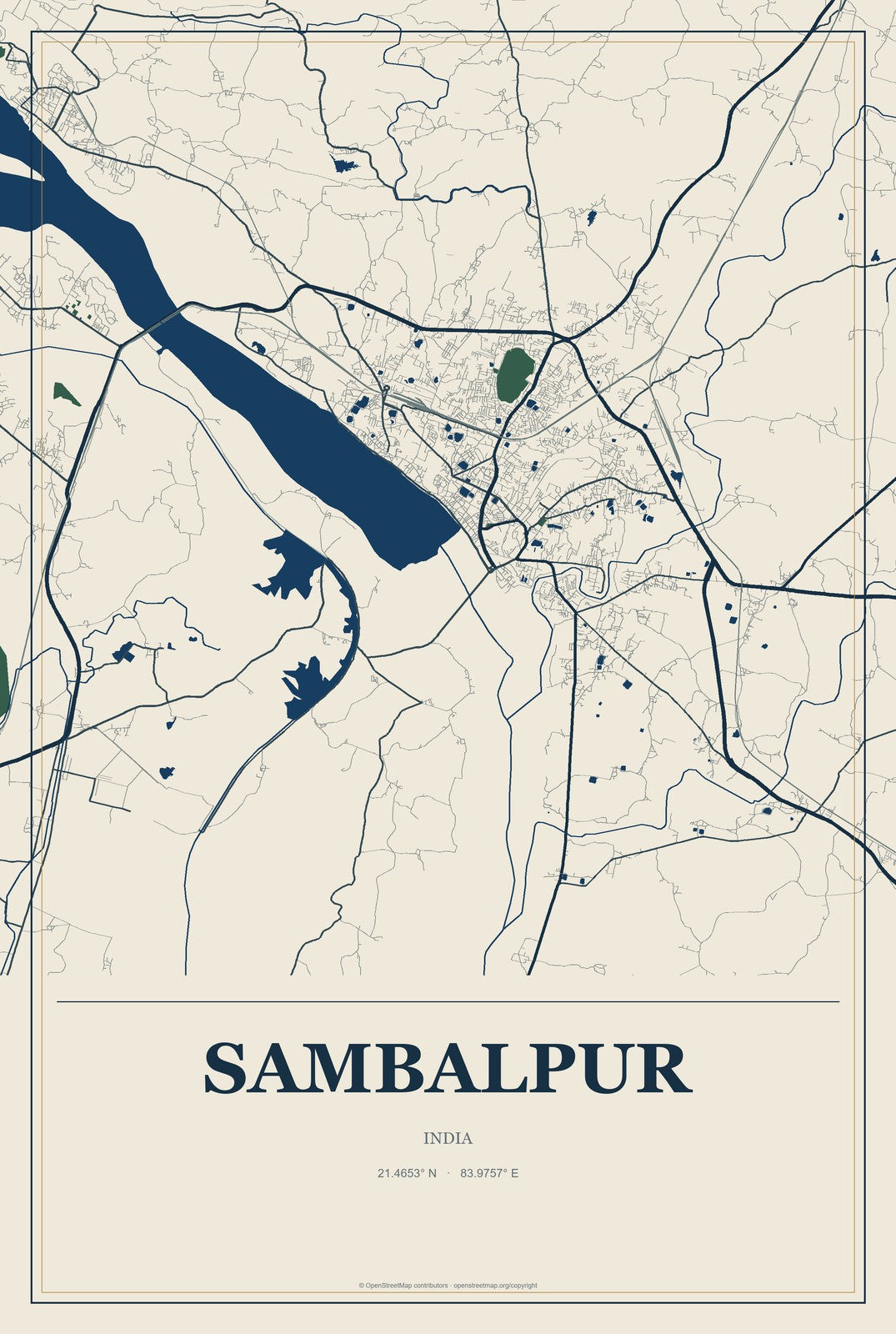Sambalpur, India City Map Aluminum Sign in Coastal Cutout style