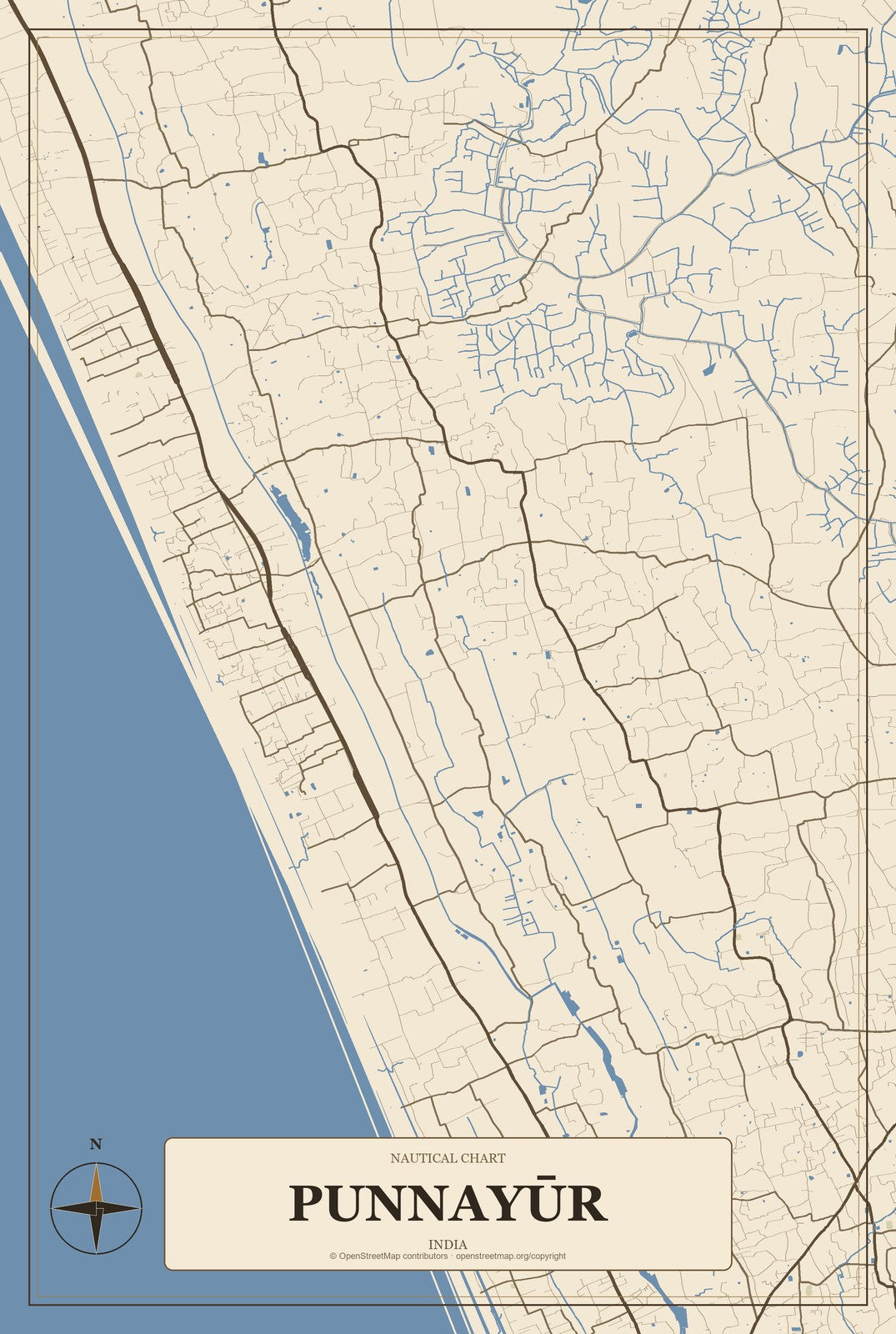 Punnayūr, India City Map Aluminum Sign in Heritage Nautical style