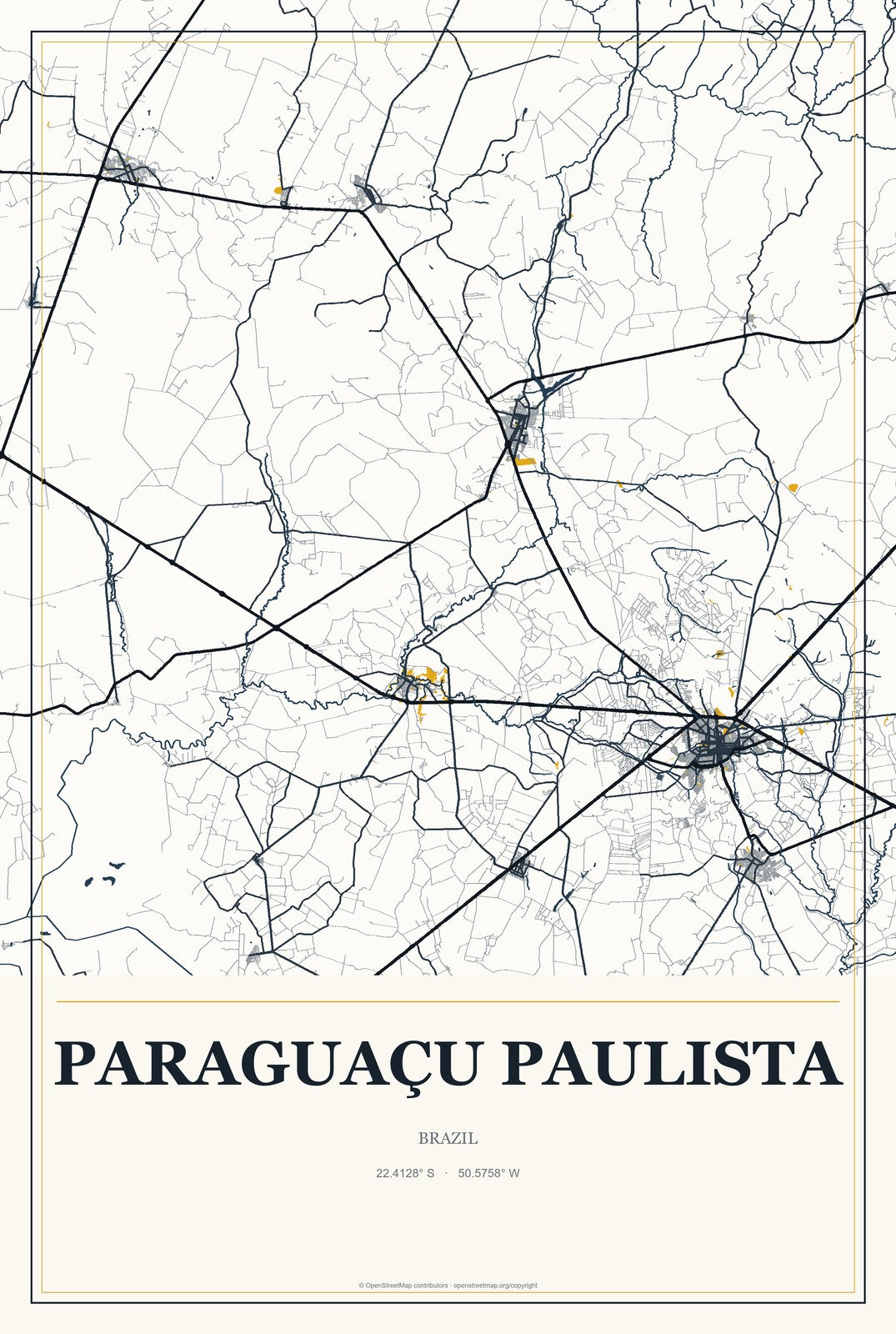 Paraguaçu Paulista, Brazil City Map Aluminum Sign in Citrine Modern style