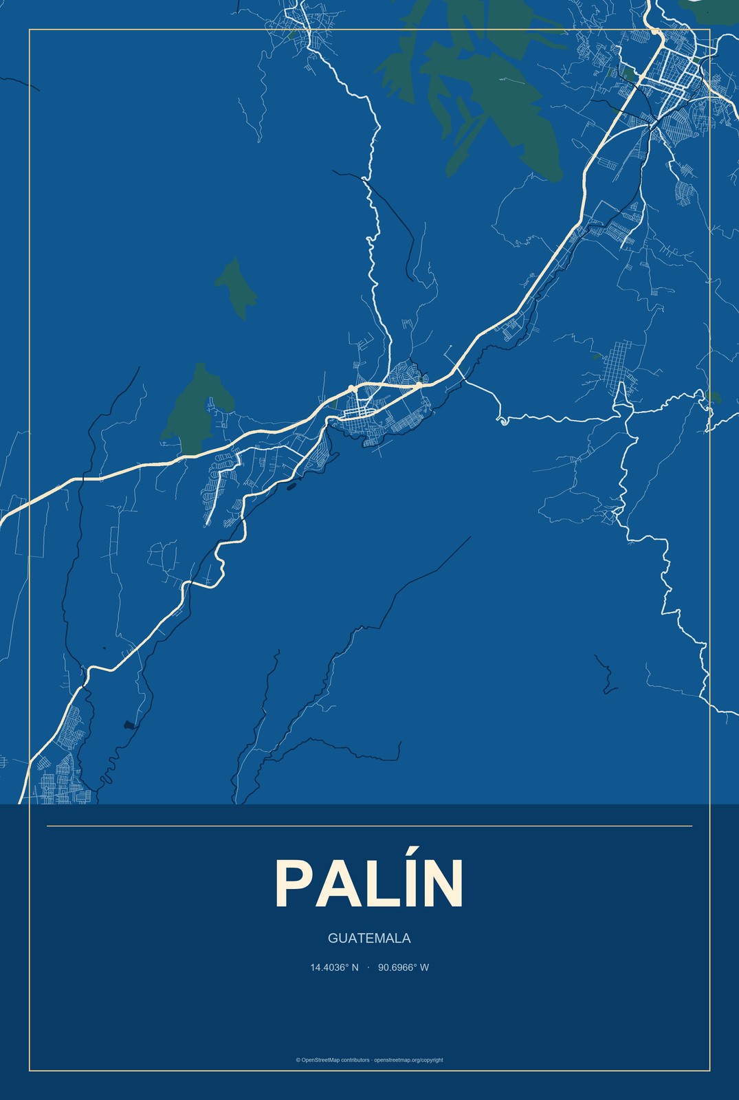 Palín, Guatemala City Map Aluminum Sign in Harbor Cobalt style