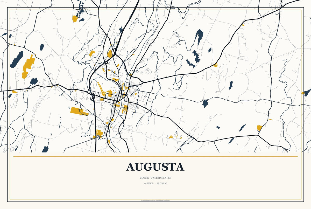 Augusta, Maine City Map Aluminum Sign in Citrine Modern style
