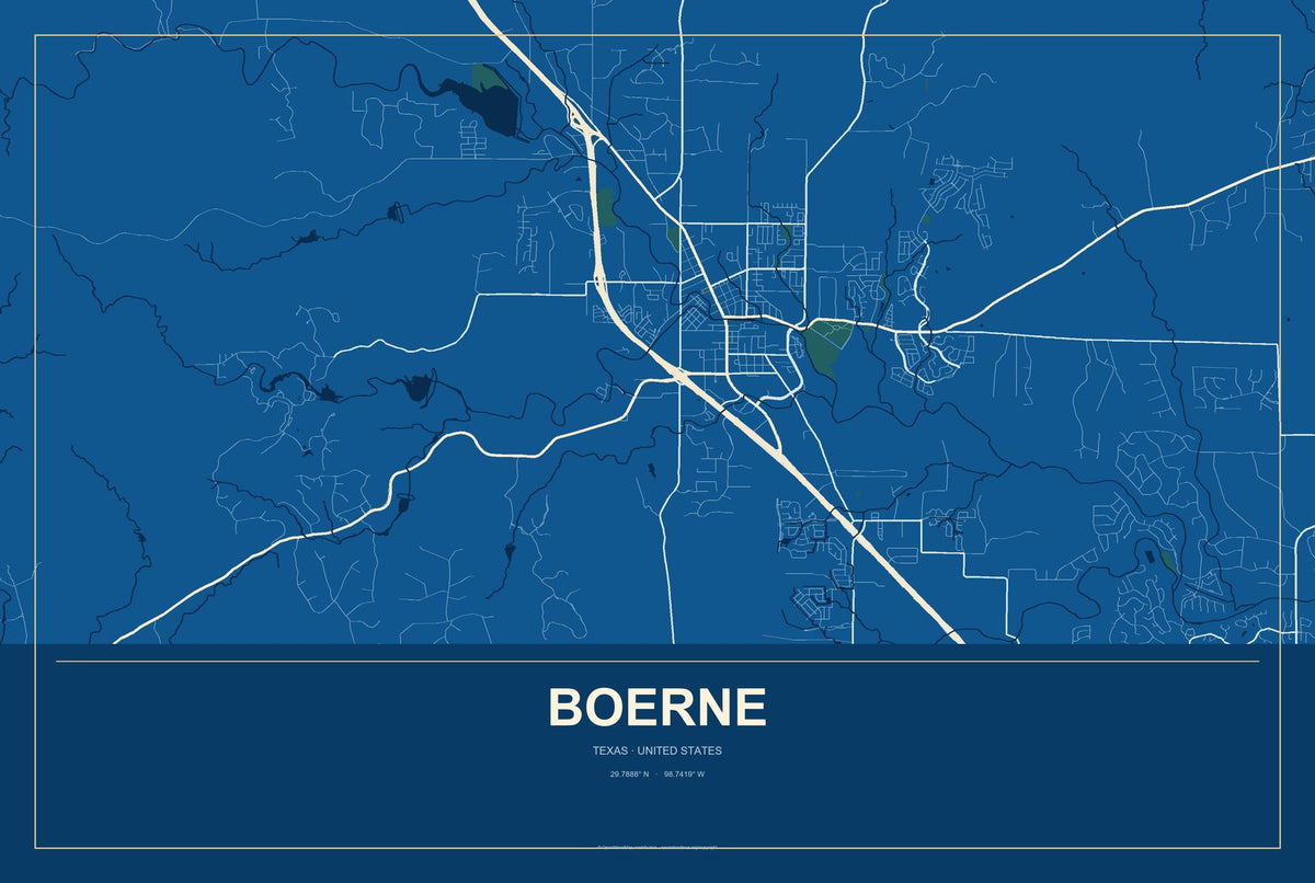 Boerne, Texas City Map Aluminum Sign in Harbor Cobalt style