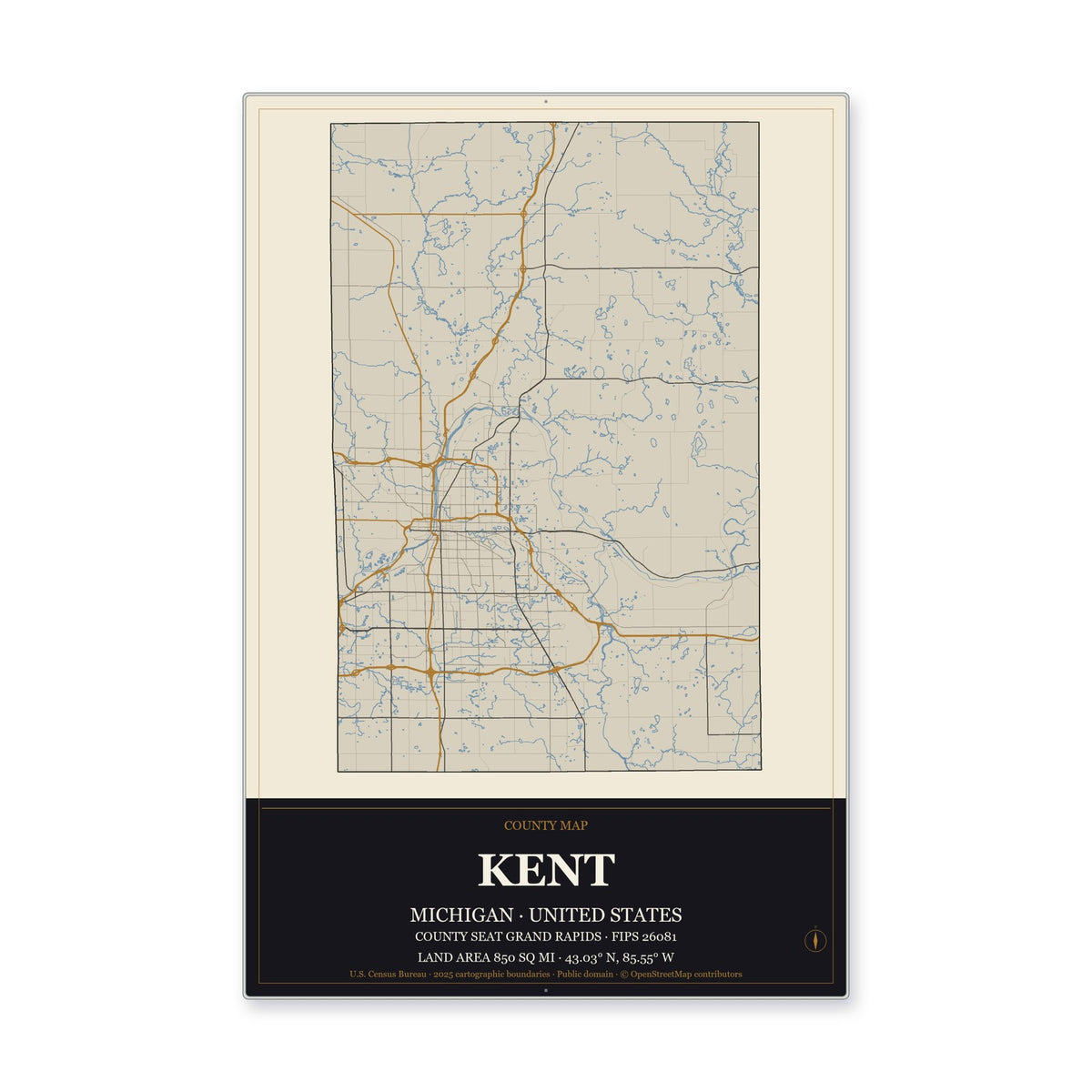 Kent County, Michigan Map Aluminum Sign in Museum Plaque style