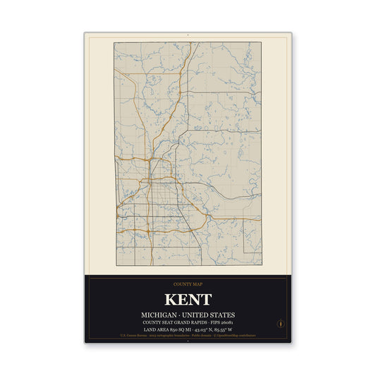 Kent County, Michigan Map Aluminum Sign in Museum Plaque style