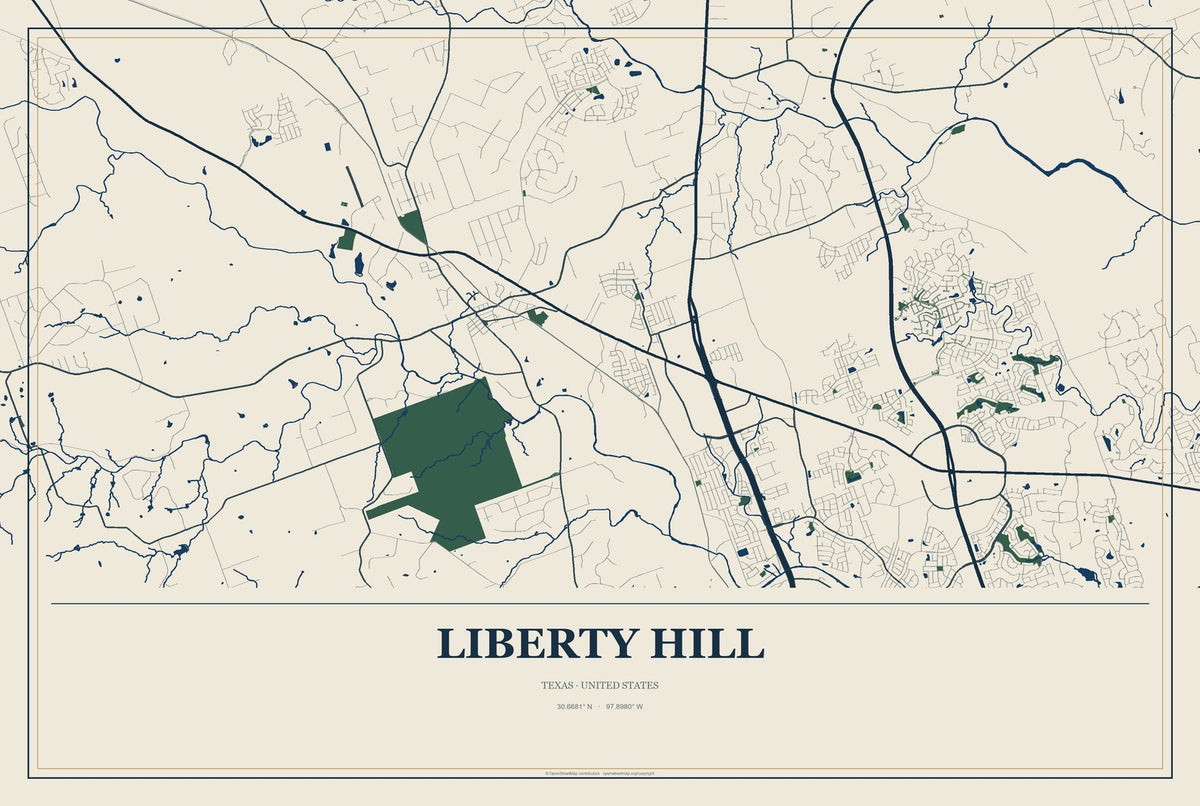 Liberty Hill, Texas City Map Aluminum Sign in Coastal Cutout style