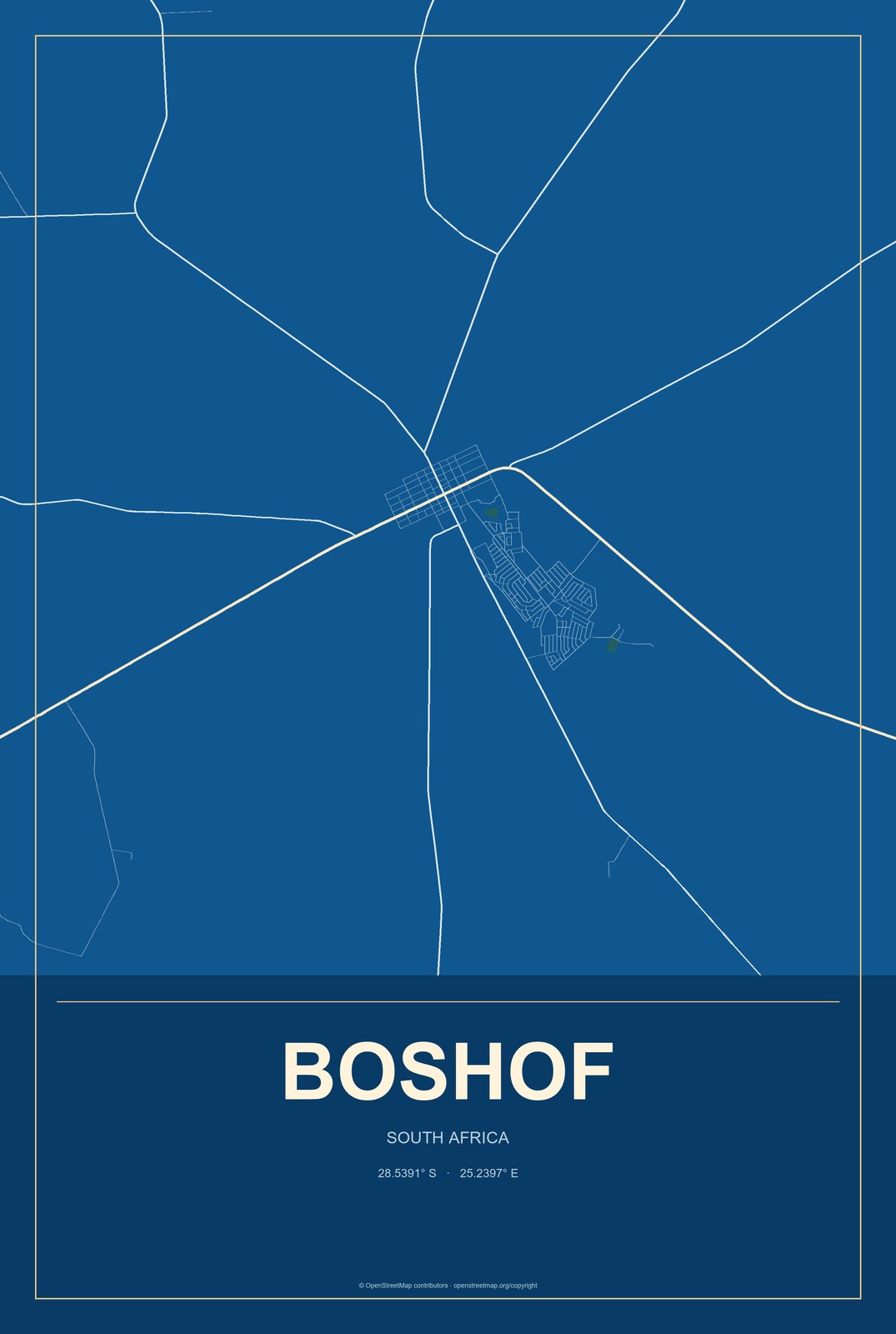 Boshof, South Africa City Map Aluminum Sign in Harbor Cobalt style