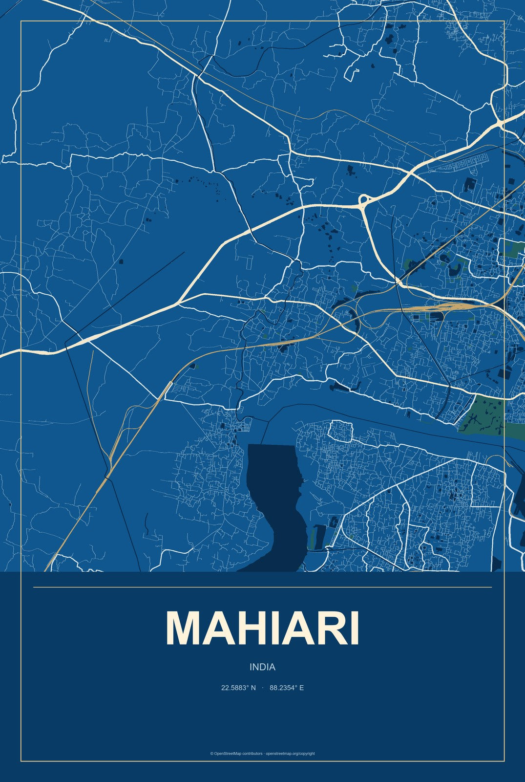 Mahiari, India City Map Aluminum Sign in Harbor Cobalt style