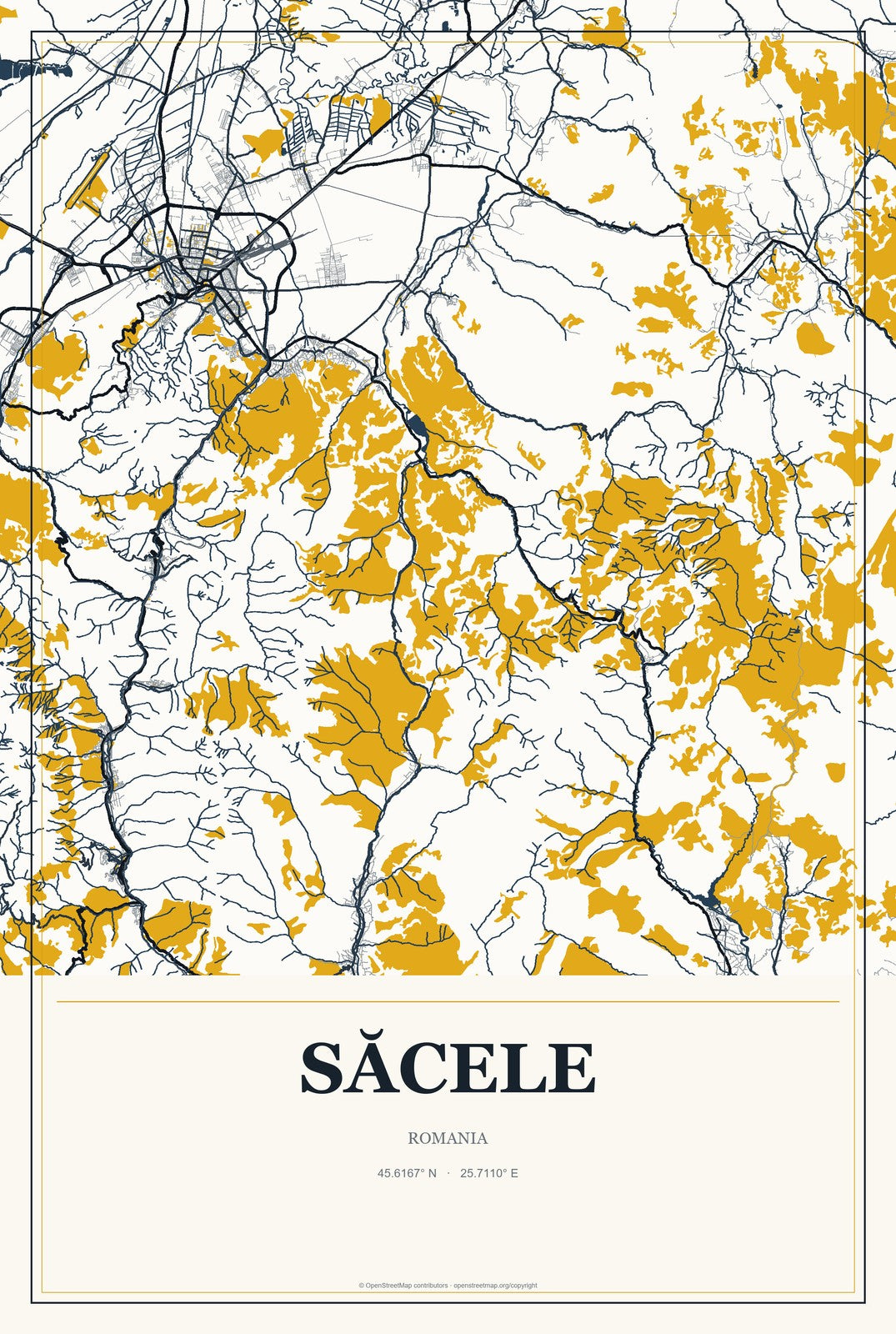 Săcele, Romania City Map Aluminum Sign in Citrine Modern style