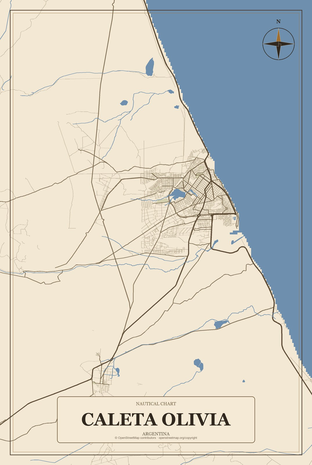 Caleta Olivia, Argentina City Map Aluminum Sign in Heritage Nautical style